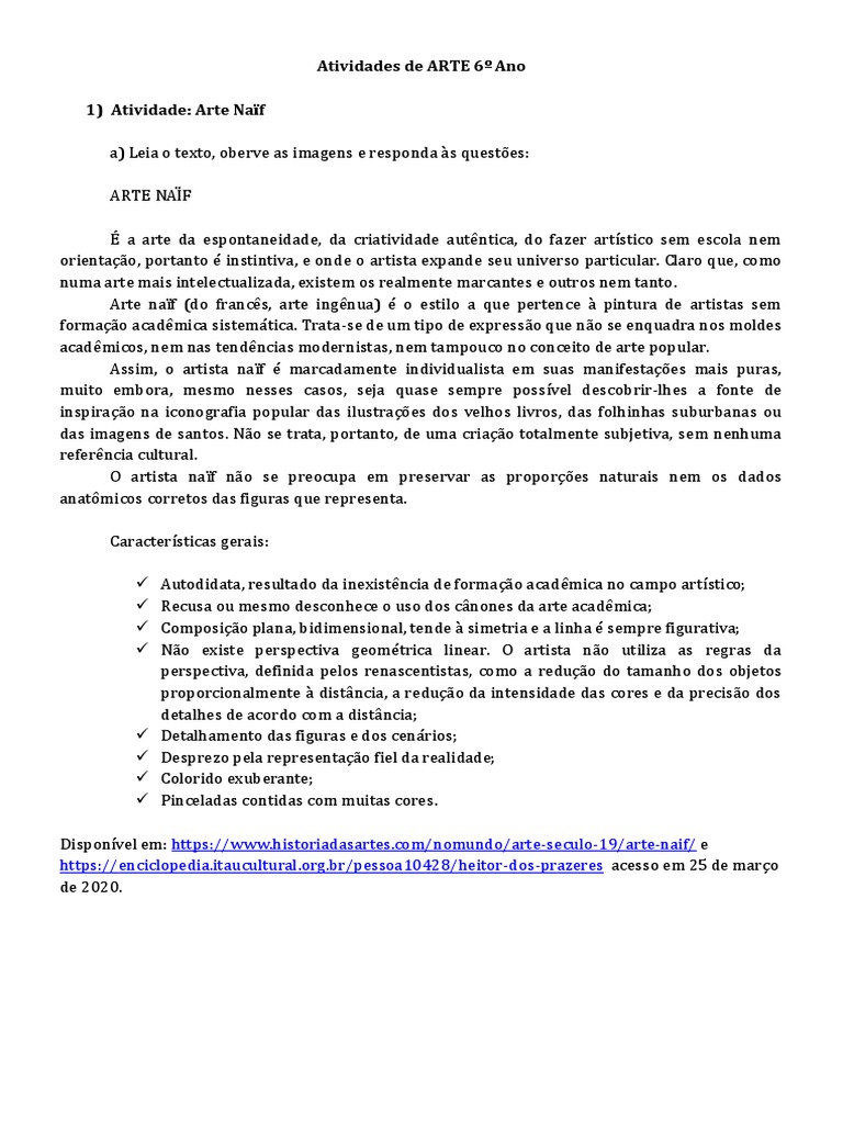 Artes 6º Ano - 2º Banco de Atividades | PDF | Perspectiva (gráficos ...