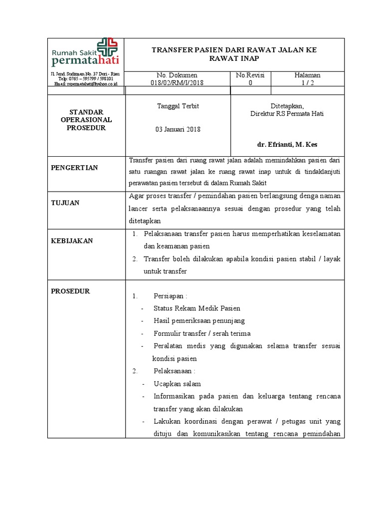 Sop Transfer Pasien Dari Rawat Jalan Ke Rawat Inap Pdf