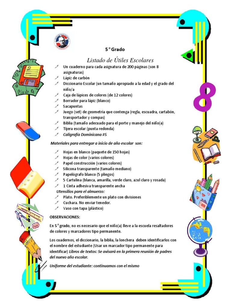 Lista de Útiles para 5° Grado 2025 | PDF