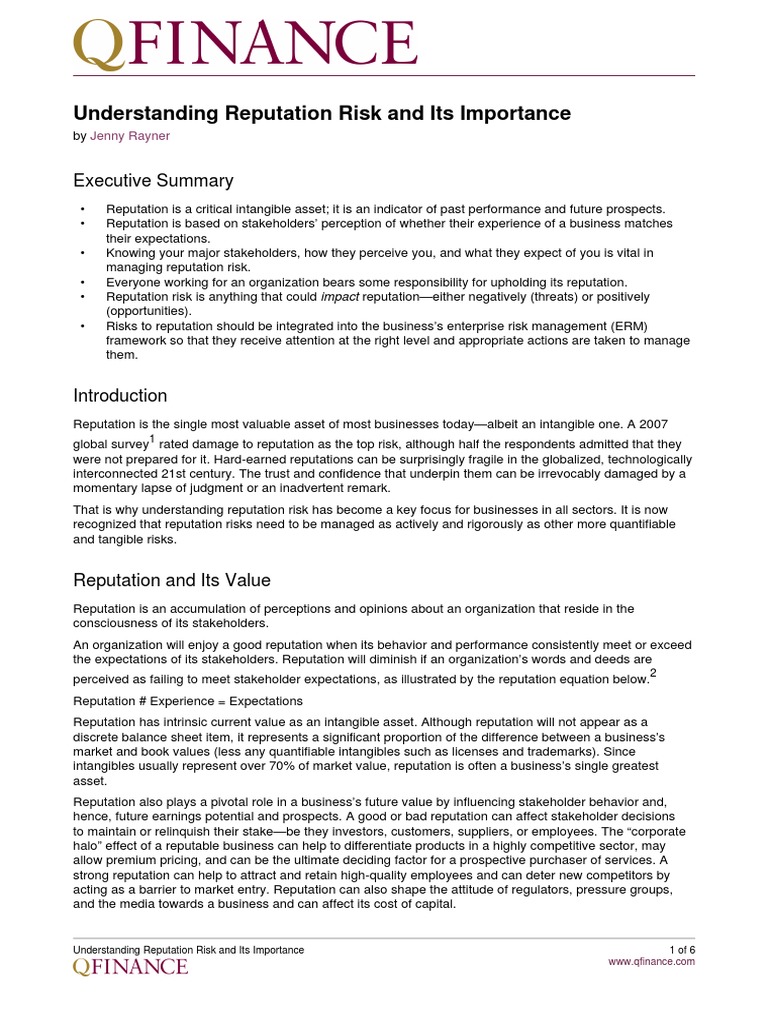 Managing Reputation Risk Effectively | PDF | Reputation | Risk