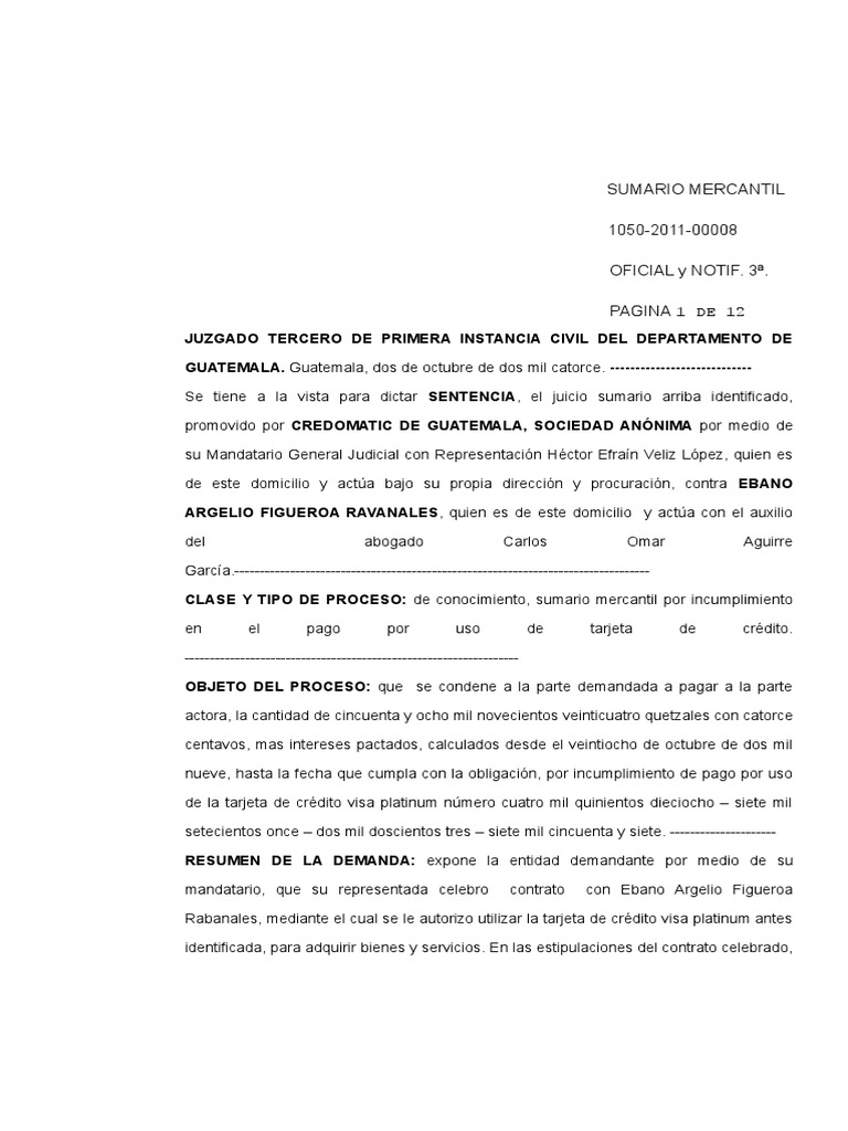 Sentencia Sumario 01050-2011-00008 Mercantil | PDF | Tarjeta de crédito