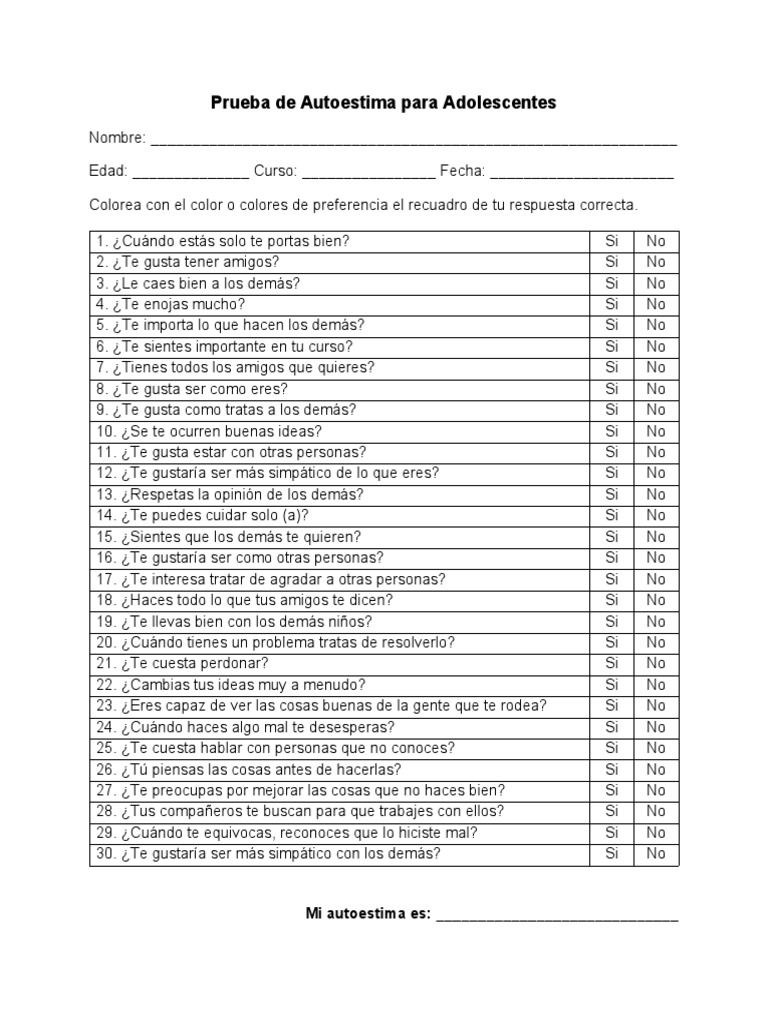 Prueba de Autoestima para Adolescentes | PDF | Crecimiento personal y ...