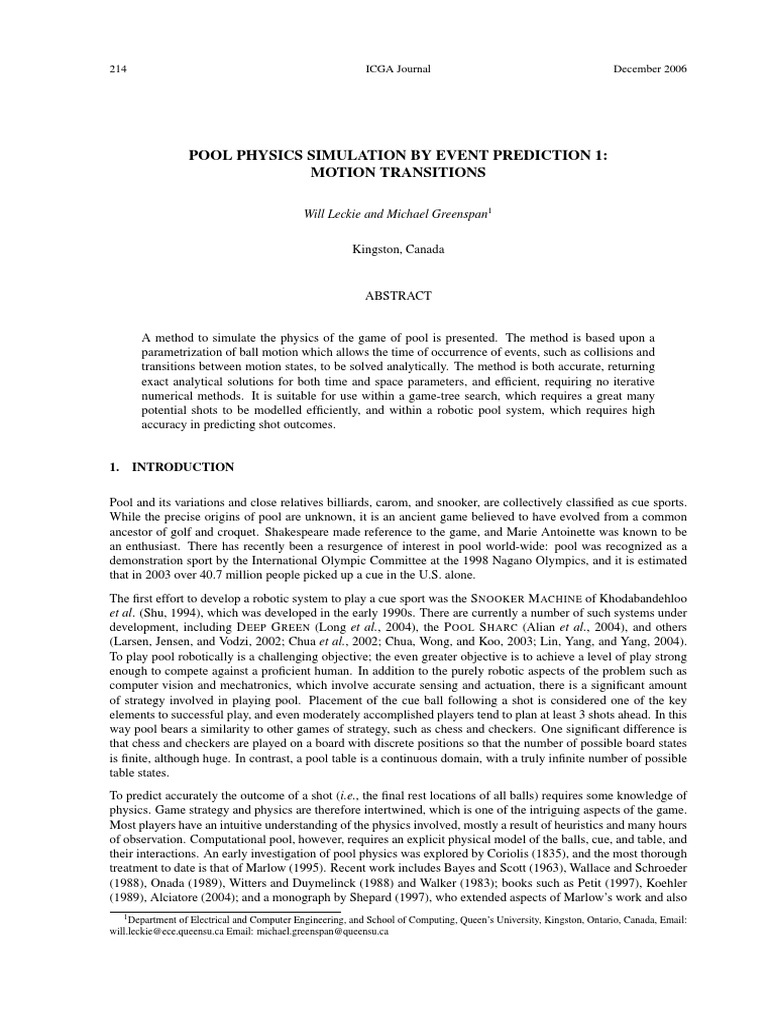 Pool physics simulation by event prediction 1 motion transitions pdf