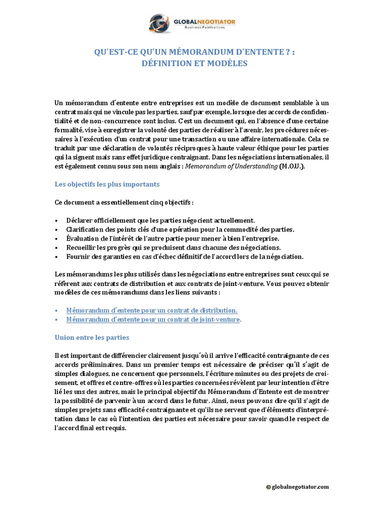 Memorandum Entente Modele Francais Anglais | PDF