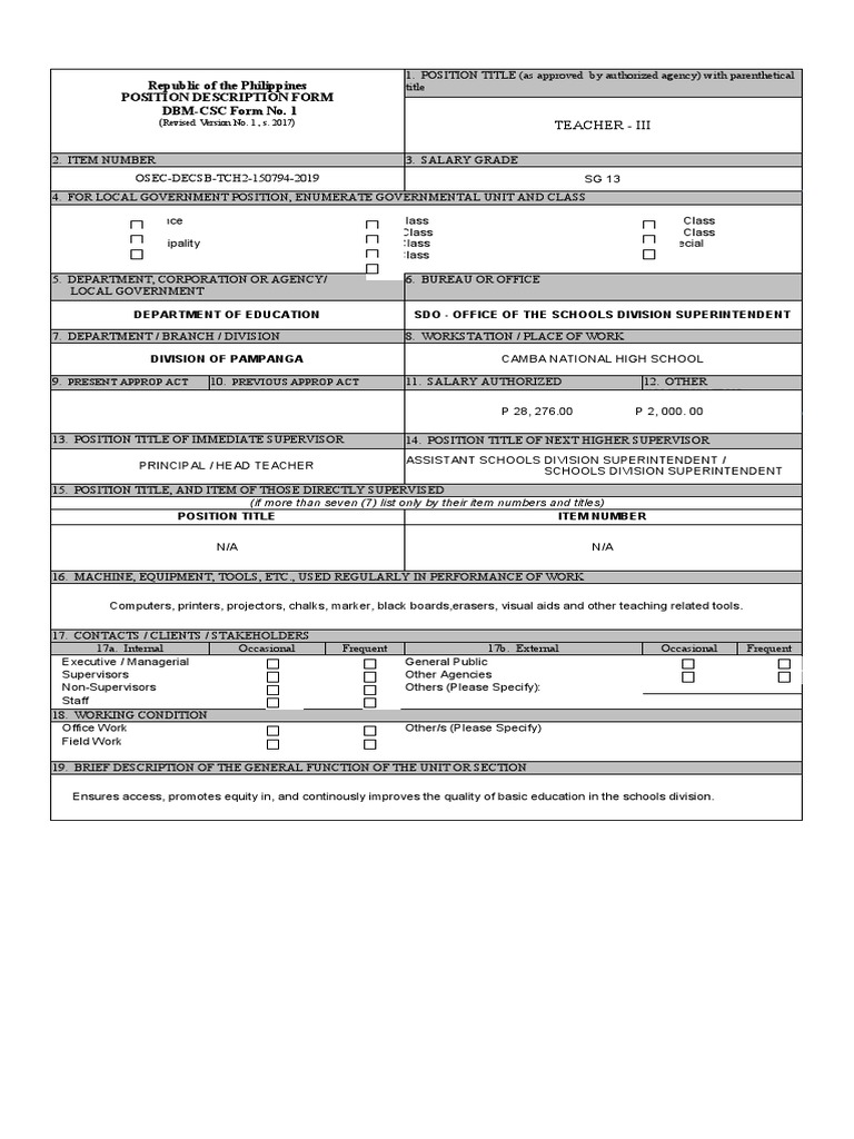 Jaydee Muñoz Position Description Forms Teacher I III Shs TVL Track