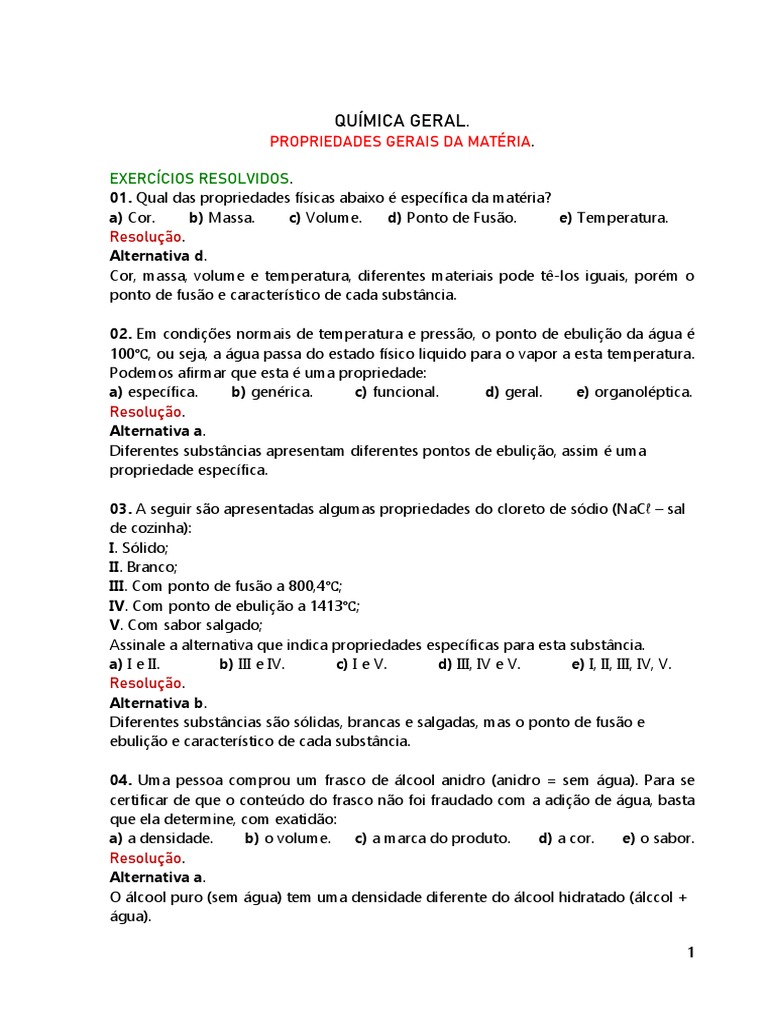 Exercícios sobre Propriedades da Matéria | PDF | Densidade ...