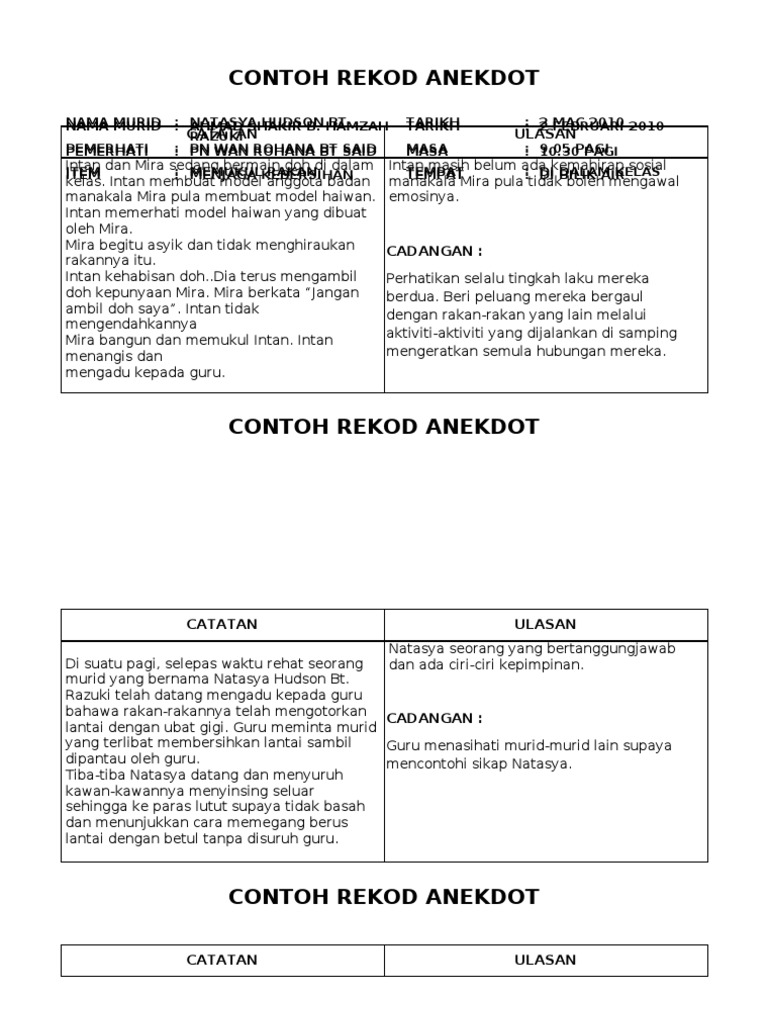 Contoh Rekod Anekdot Prasekolah | PDF