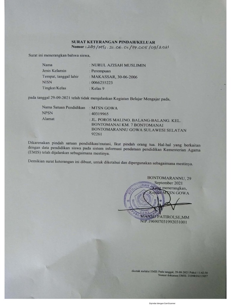 Surat keterangan pindah dari emis pdf