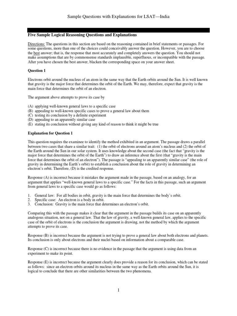 Five Sample Logical Reasoning Questions and Explanations | PDF