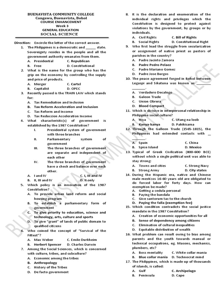 Week 3 (Social Science) Answer Key PDF Philippines
