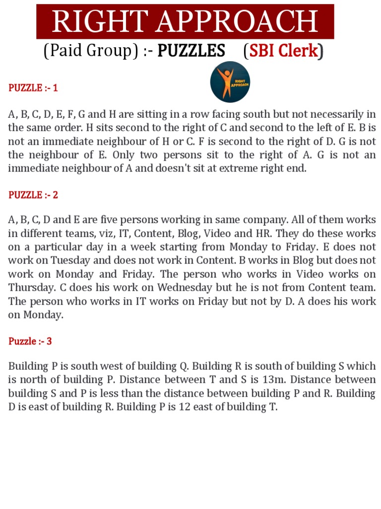 SBI Clerk 25 Puzzles PDF