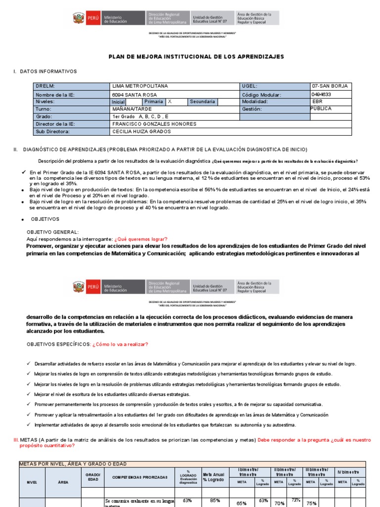 Plan de Mejora para Primer Grado | PDF | Matemáticas | Evaluación