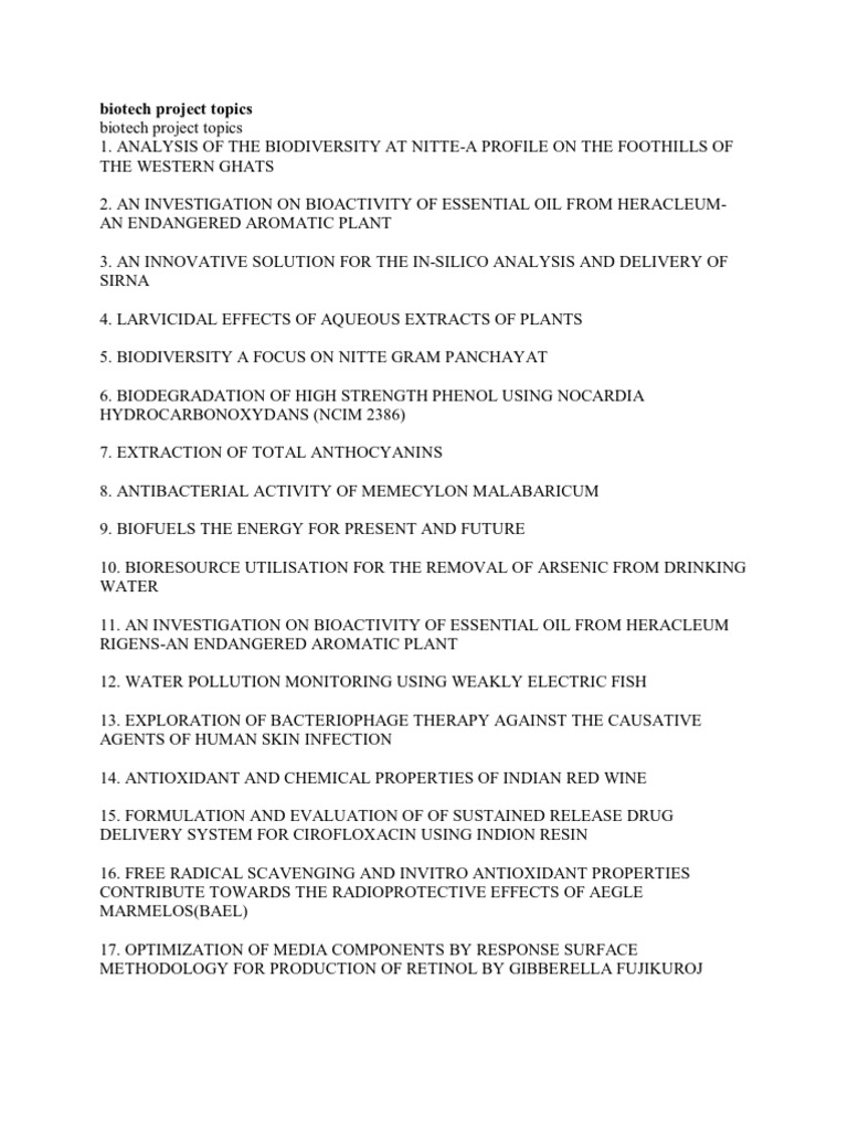 Biotechnology Project Ideas for Students | PDF | Science & Mathematics ...