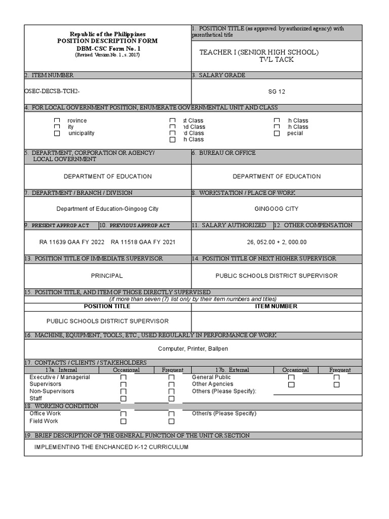 Position Description Form T2 TVL TRACK PDF Curriculum