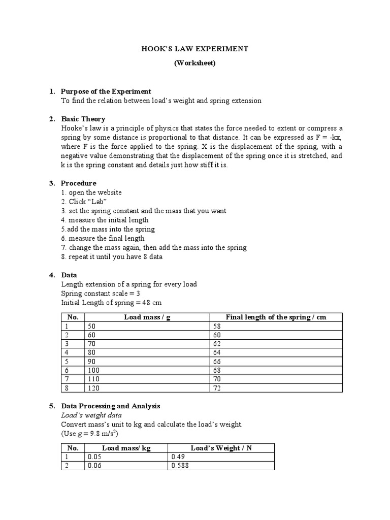 Hook's Law Worksheet PDF Mass Physics