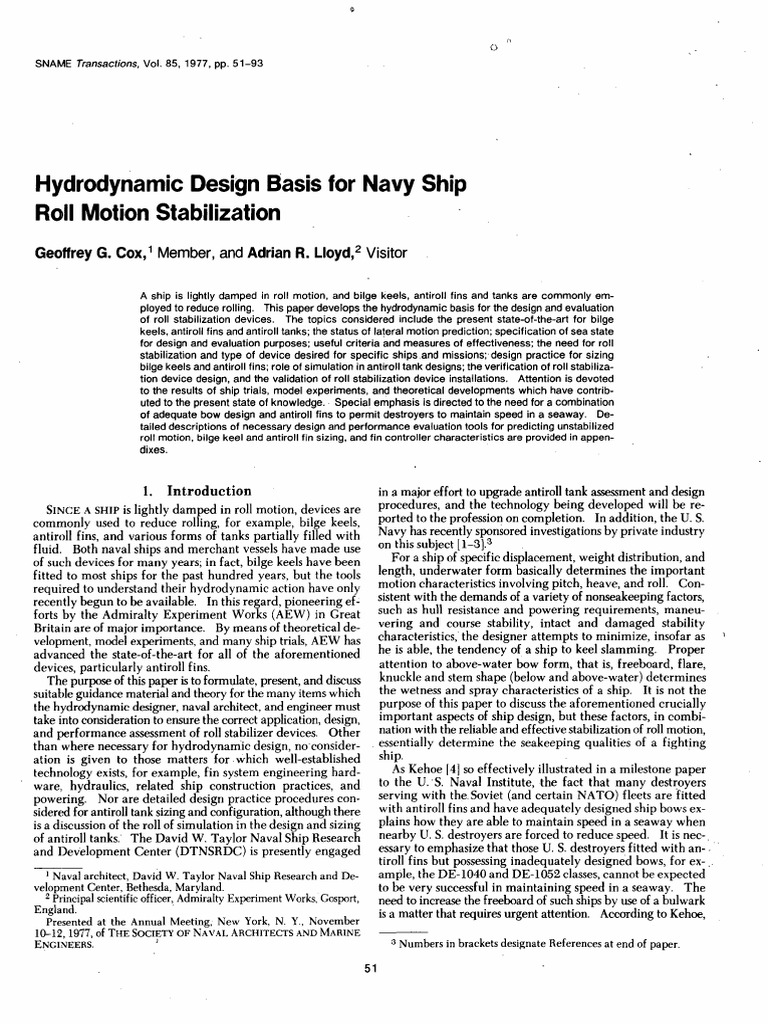 Hydrodynamic Design Basis For Navy Ship Roll Motion Stabilization Pdf