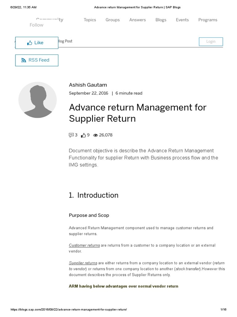 Advance Return Management For Supplier Return - SAP Blogs | PDF ...