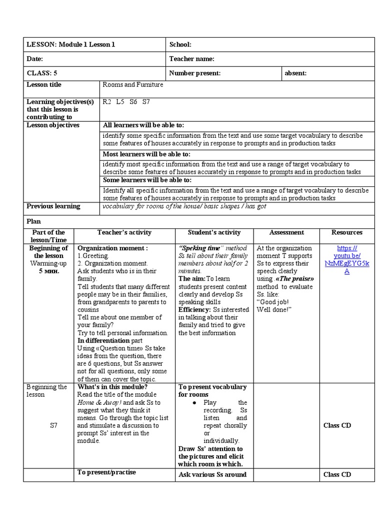 Lesson Plan: Rooms & Family for 5th Grade | PDF | Learning | Vocabulary