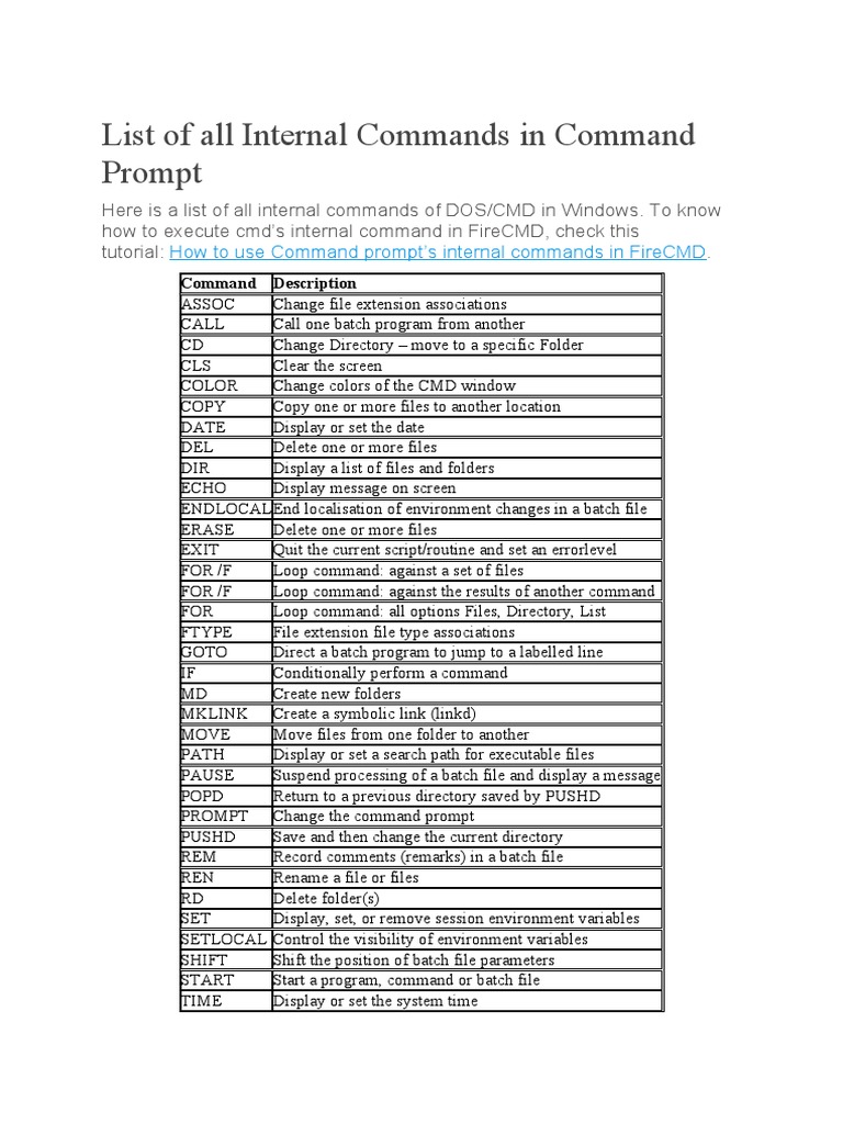 List of All Internal Commands in Command Prompt | PDF