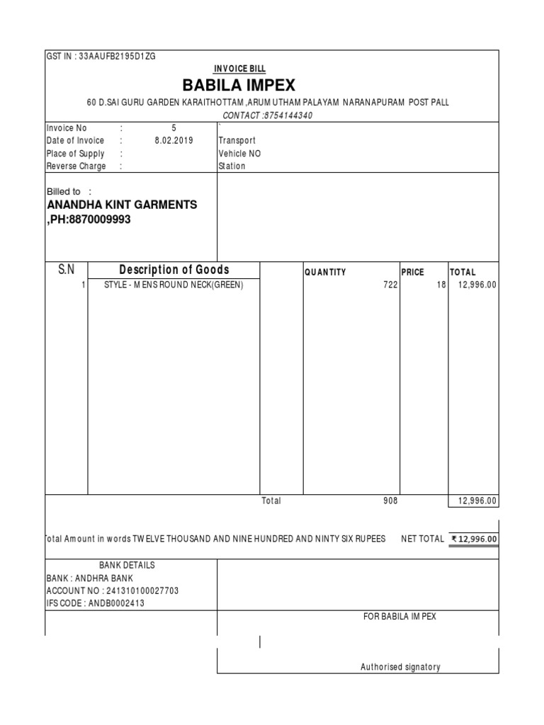 Invoice for Men's Round Neck T-Shirt | PDF