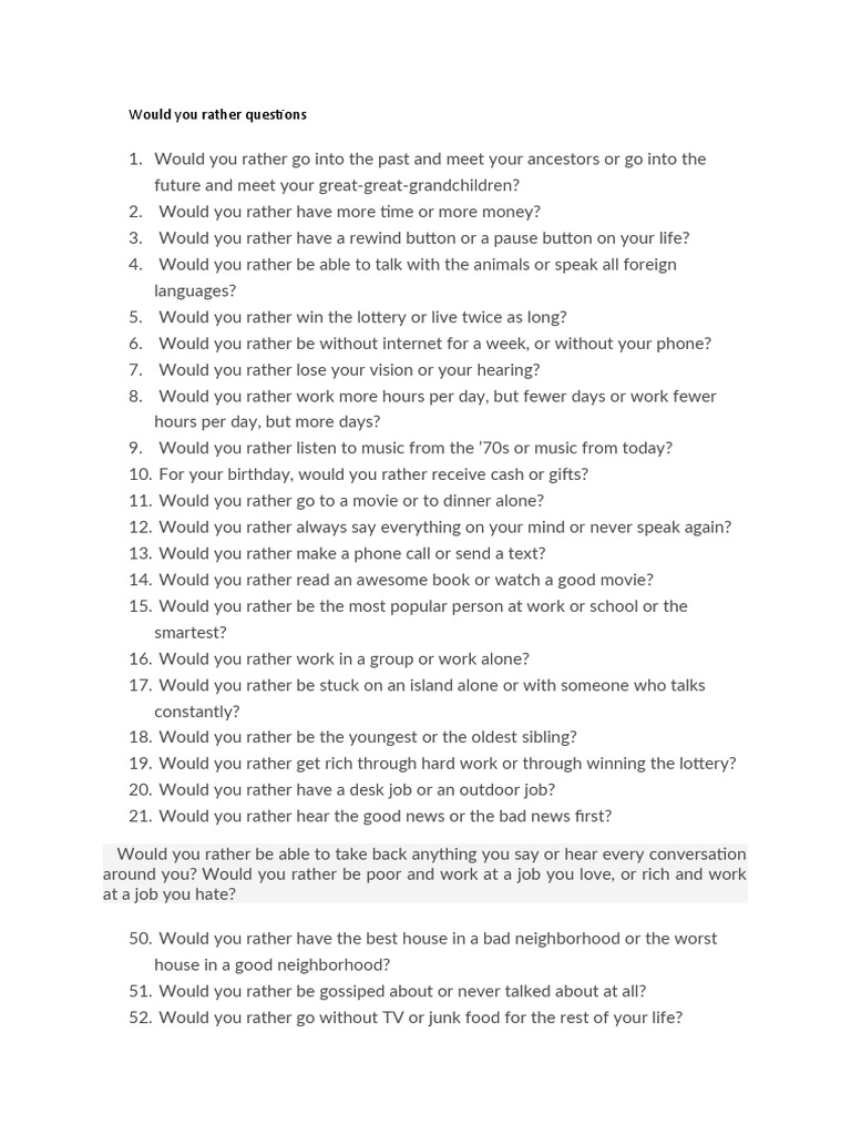 Adult Would You Rather Questions | PDF