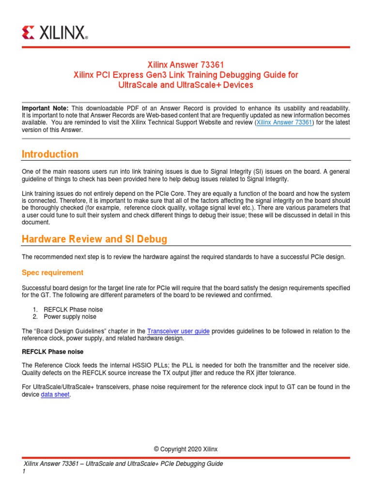 Xilinx Answer 73361 PCIe Link Training Debug Guide For US and US Plus ...
