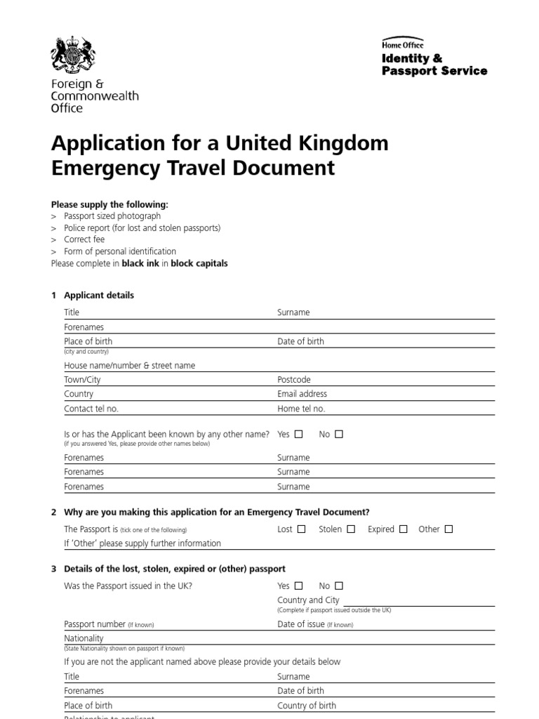 Application for a United Kingdom Emergency Travel Document Please supply the following