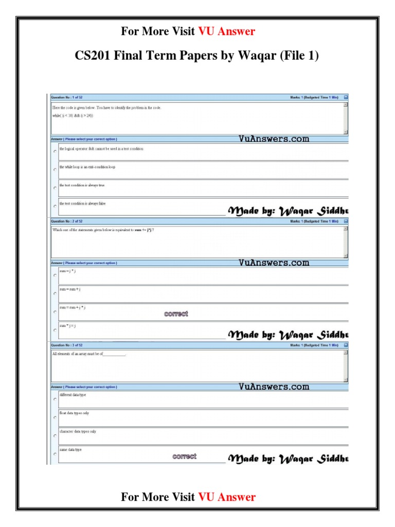 CS201 Final Term Papers by Waqar | PDF