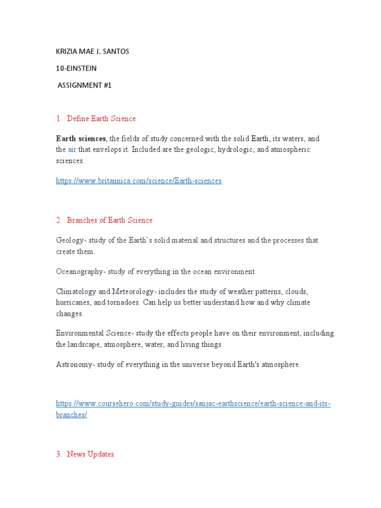 Science Assignment 1 (Define Earth Science) PDF Earth Water