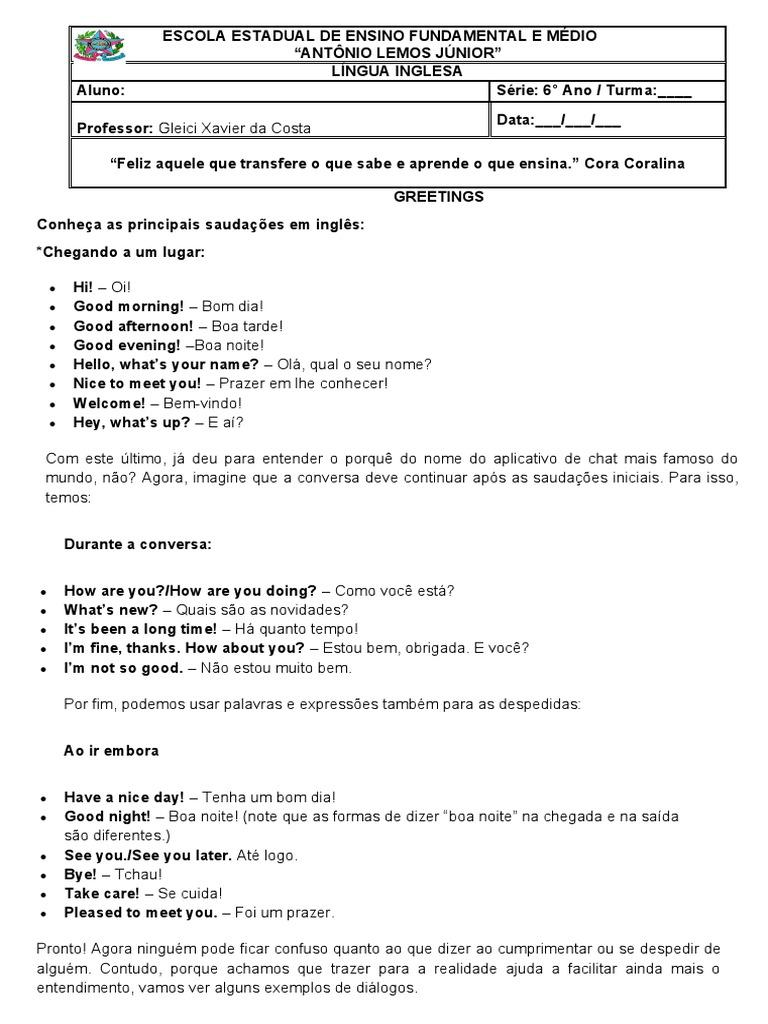 Saudações em Inglês: Cumprimentos e Despedidas | PDF