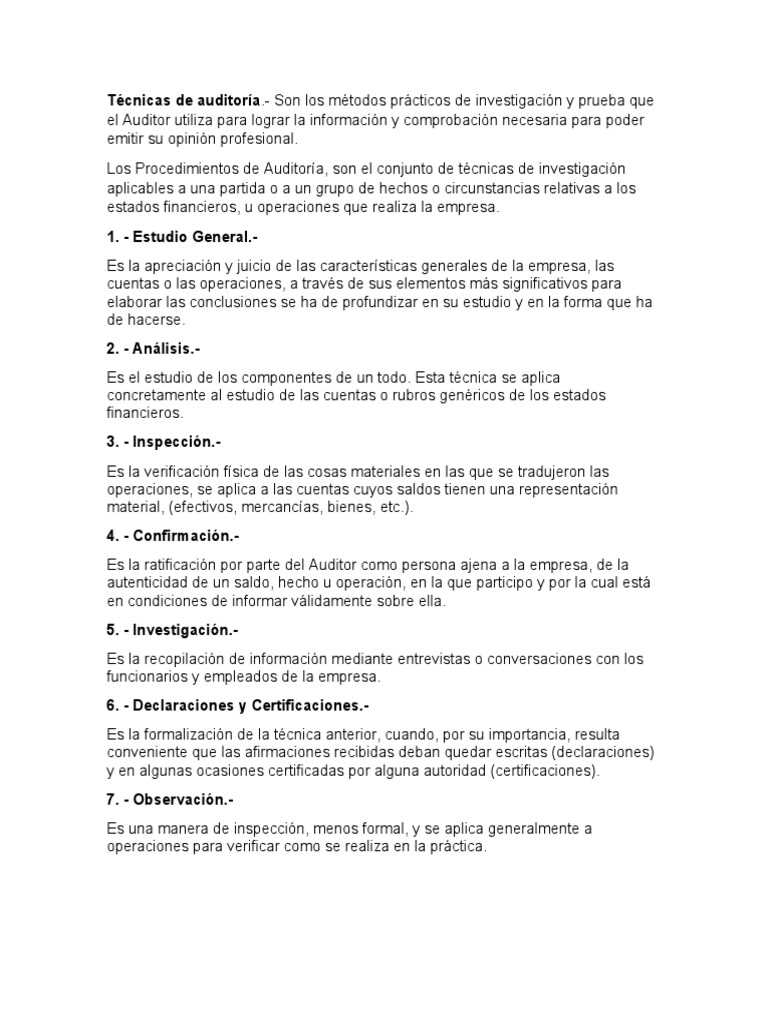 Técnicas De Auditoría Pdf Auditoría Contralor
