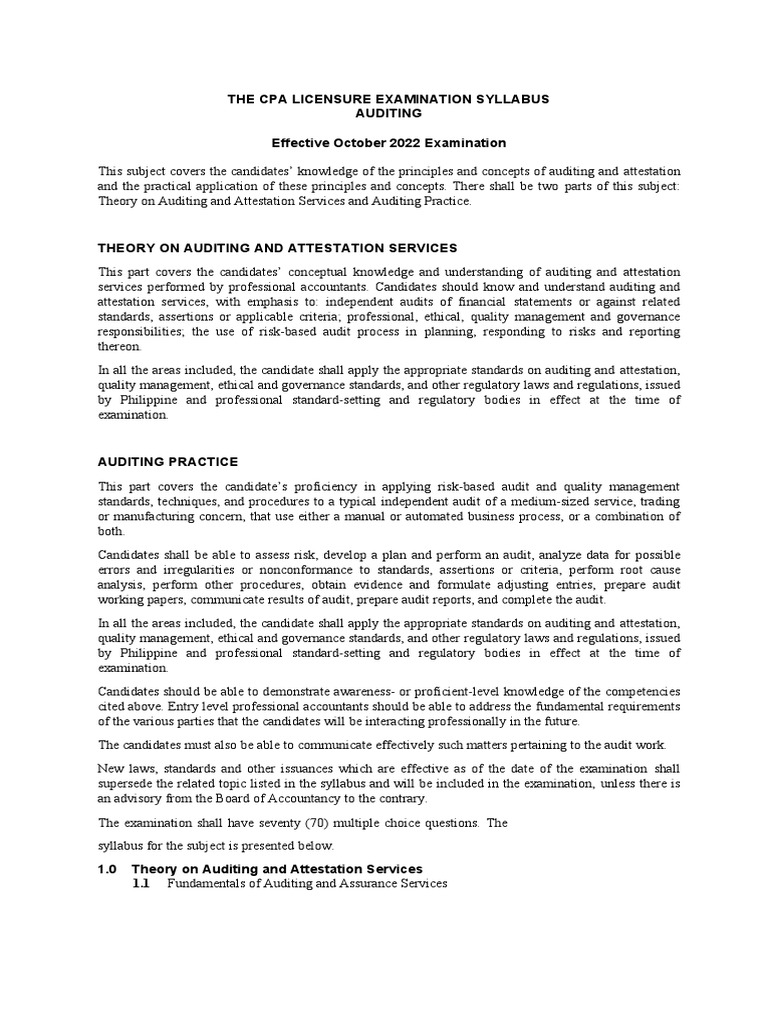 CPA Licensure Exam Auditing Syllabus 2025 | PDF | Audit | Financial Audit