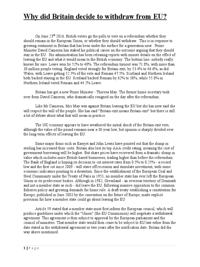 The Factors Behind Britain's Decision to Withdraw from the European