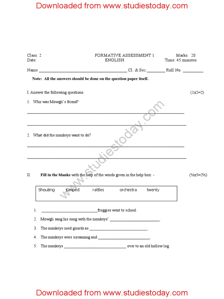 CBSE Class 2 English Sample Paper Set A PDF Linguistics