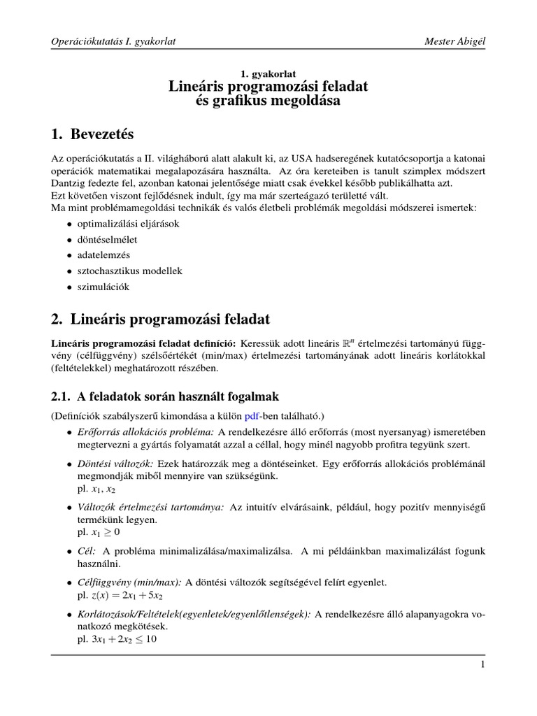 Lineáris Programozási Feladat És Grafikus Megoldása 1. Bevezetés | PDF