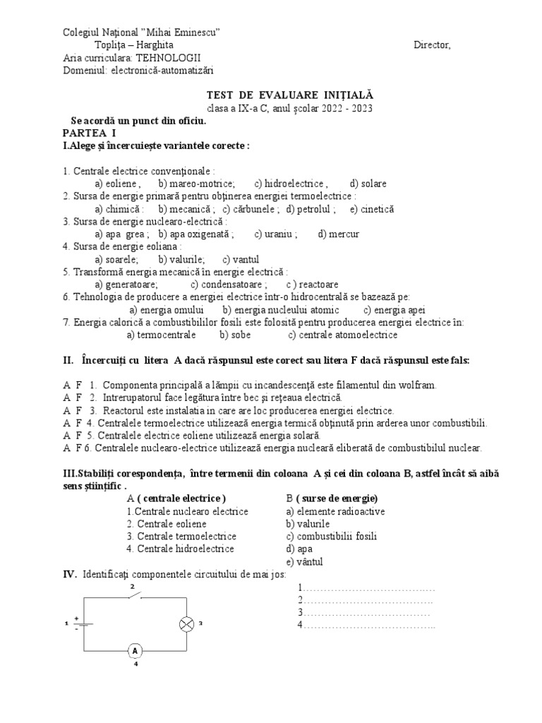 Test - Subiecte IX-C Evaluare Initiala - 2022 - 2023 | PDF