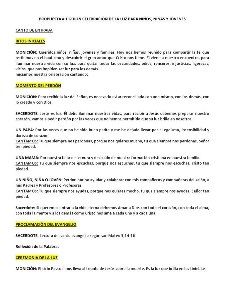 Guión Ceremonia de La Luz | PDF | Bautismo | Misa (liturgia)