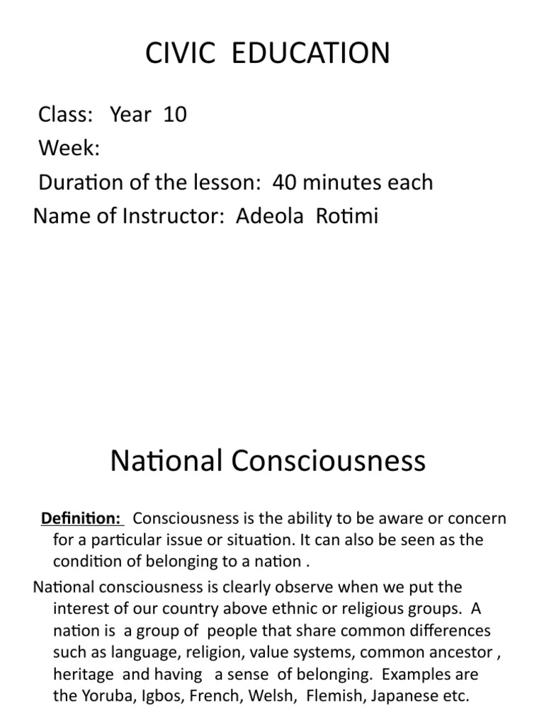 Civic Education Year 10 National Consciousness | PDF | Nigeria