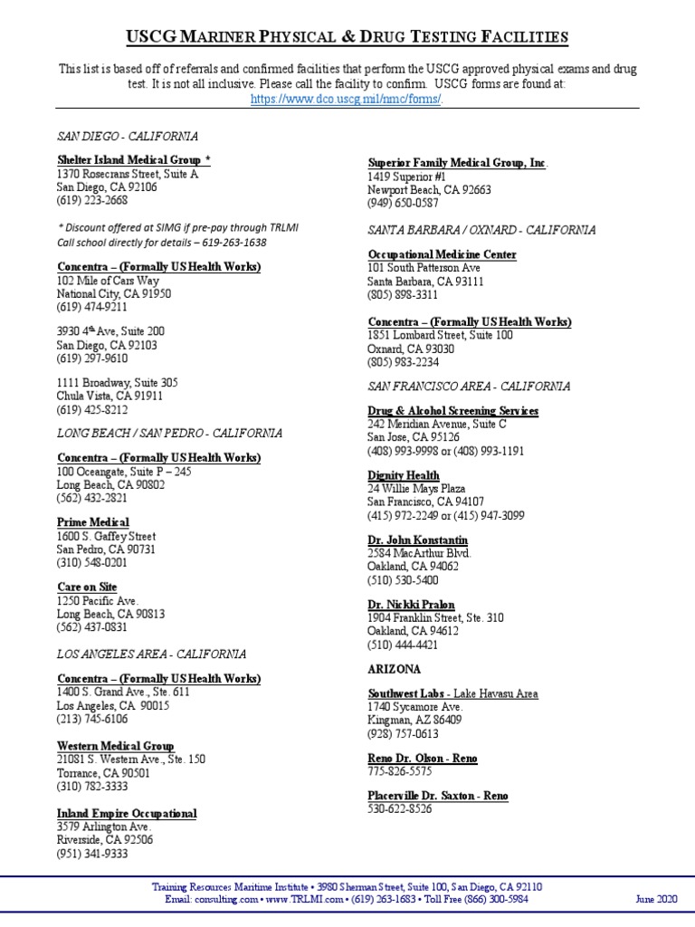 USCG Mariner Physical Exam & Drug Test Locations PDF California