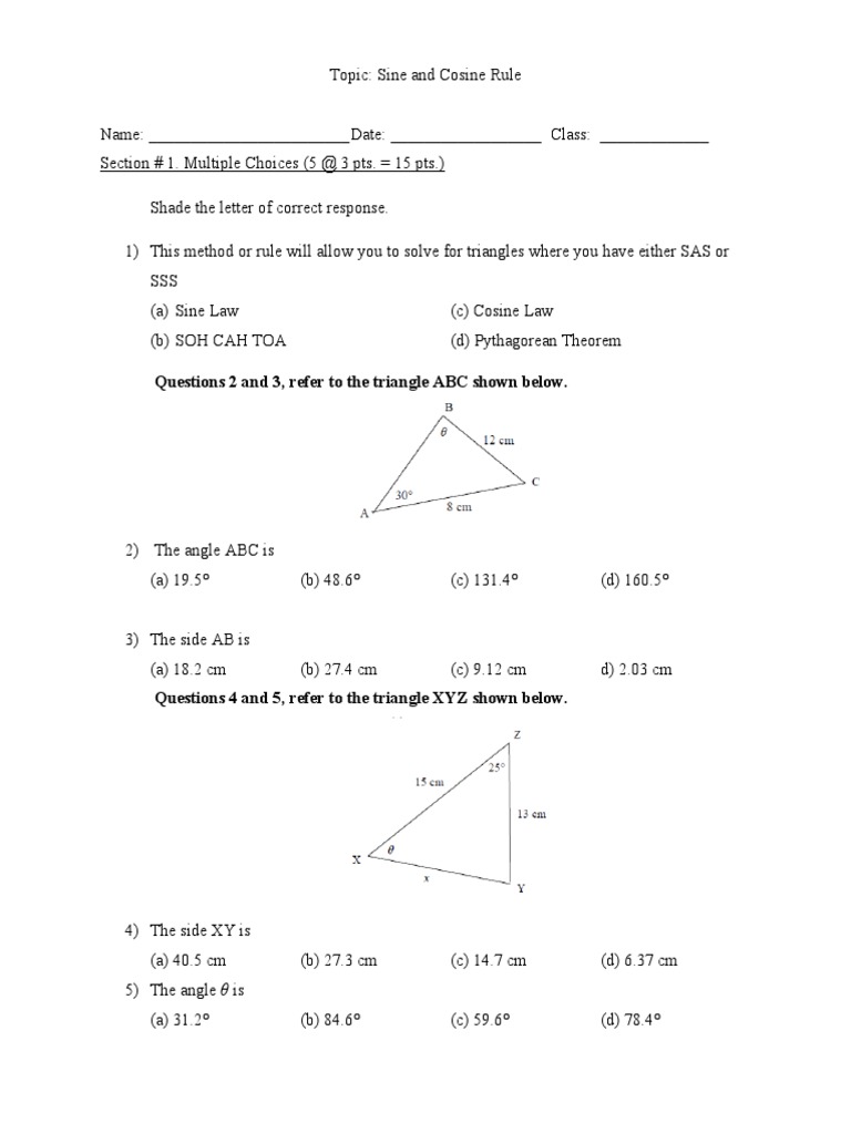 Sine and Cosine Rule Quiz 2019 | PDF