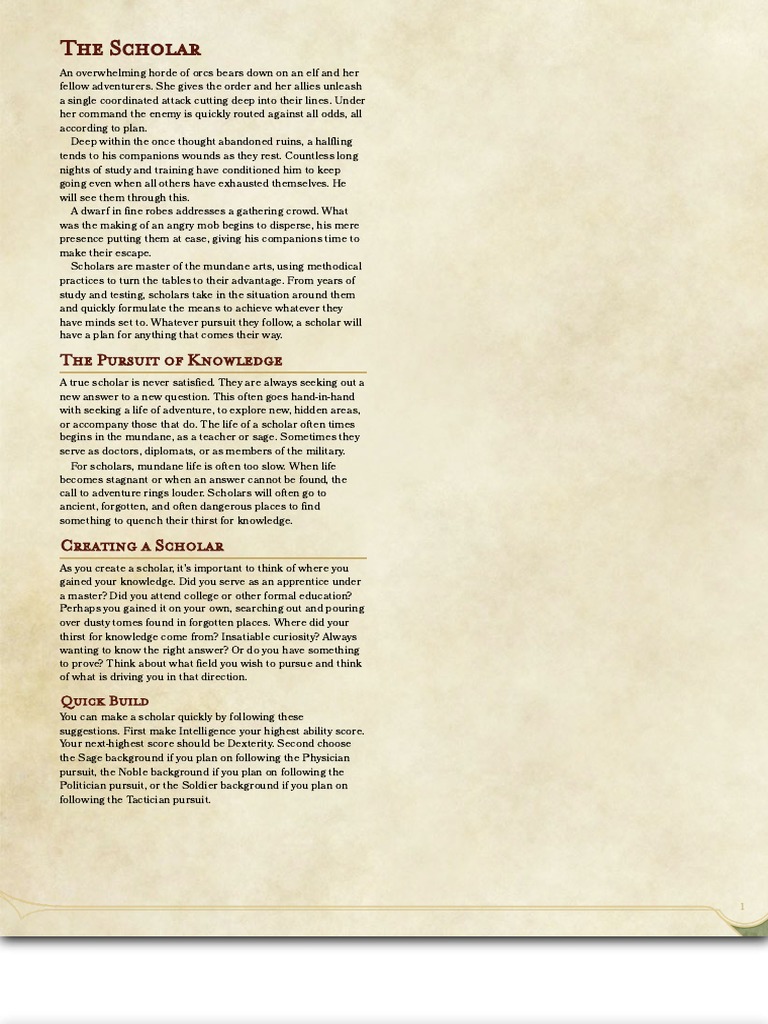 Scholar Class Overview for D&D 5E | PDF