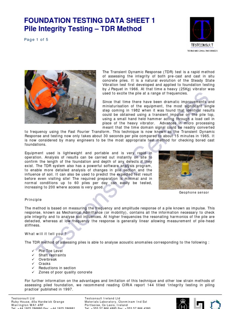 Foundation Testing Data Sheet 1 Pile Integrity Testing TDR Method
