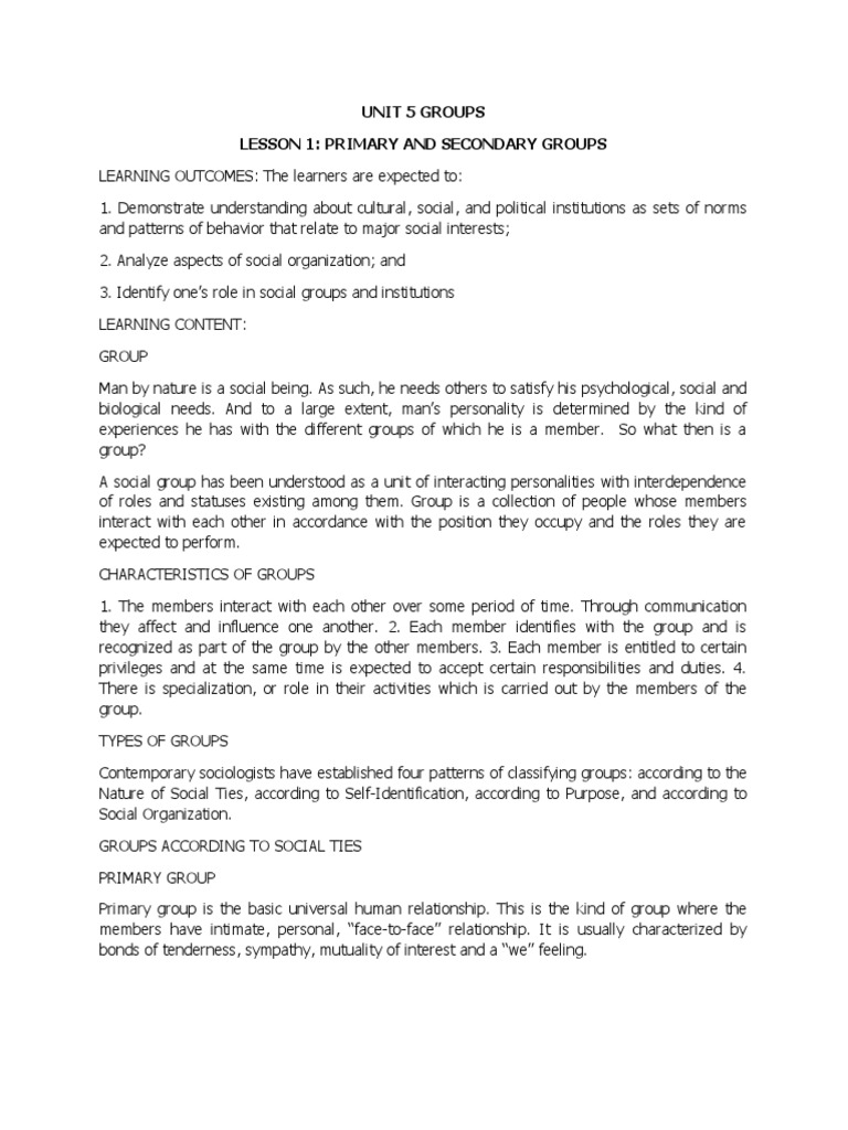 O. Ucsp Unit 5, Lesson 1 Primary and Secondary Groups PDF Social