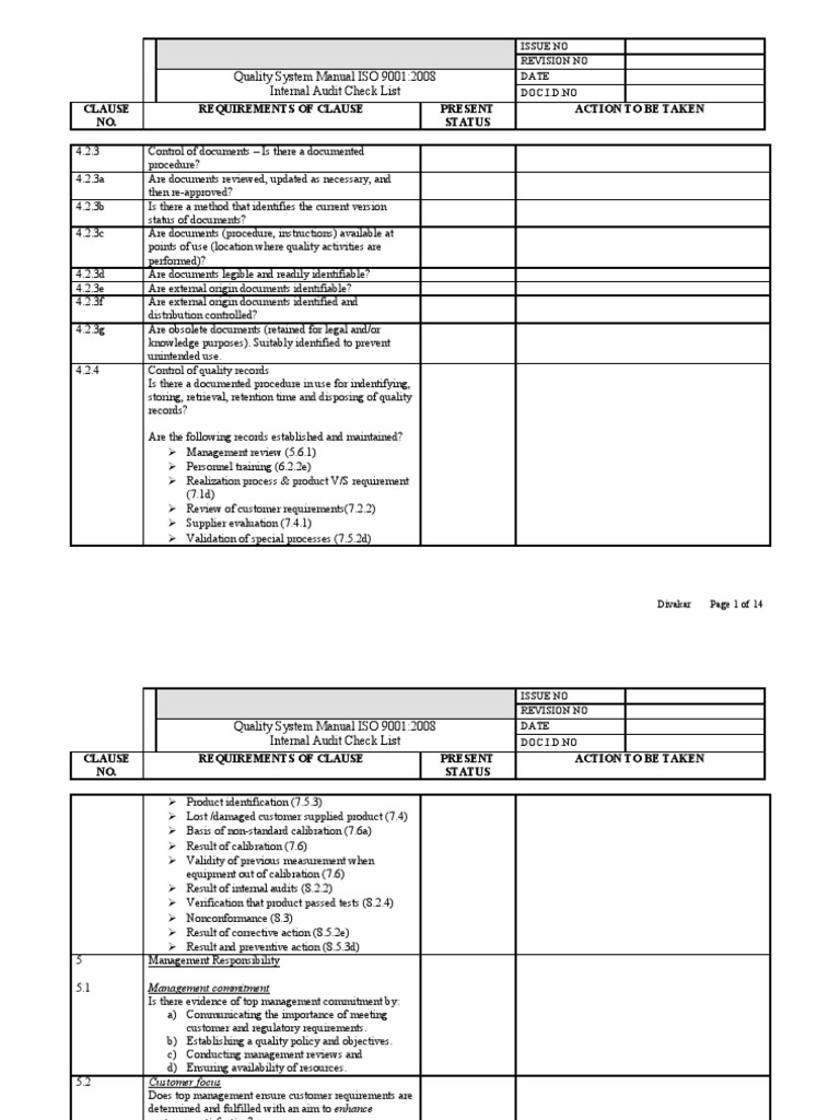 ISO 9001:2008 Internal Audit Checklist | PDF | Iso 9000 | Audit