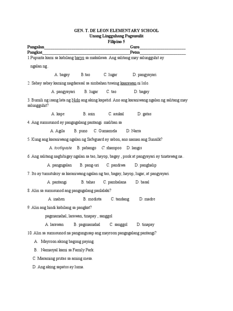 q1wk1 Pagsusulit Sa Filipino | PDF