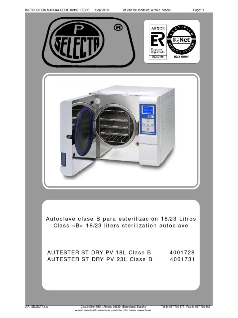 Instruction Manual for Autoclave Class B Sterilization Units Models