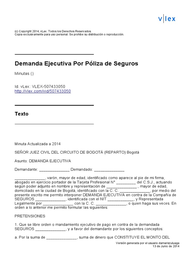 Demanda Ejecutiva Poliza de Seguros | PDF | Póliza de seguros | Demanda ...