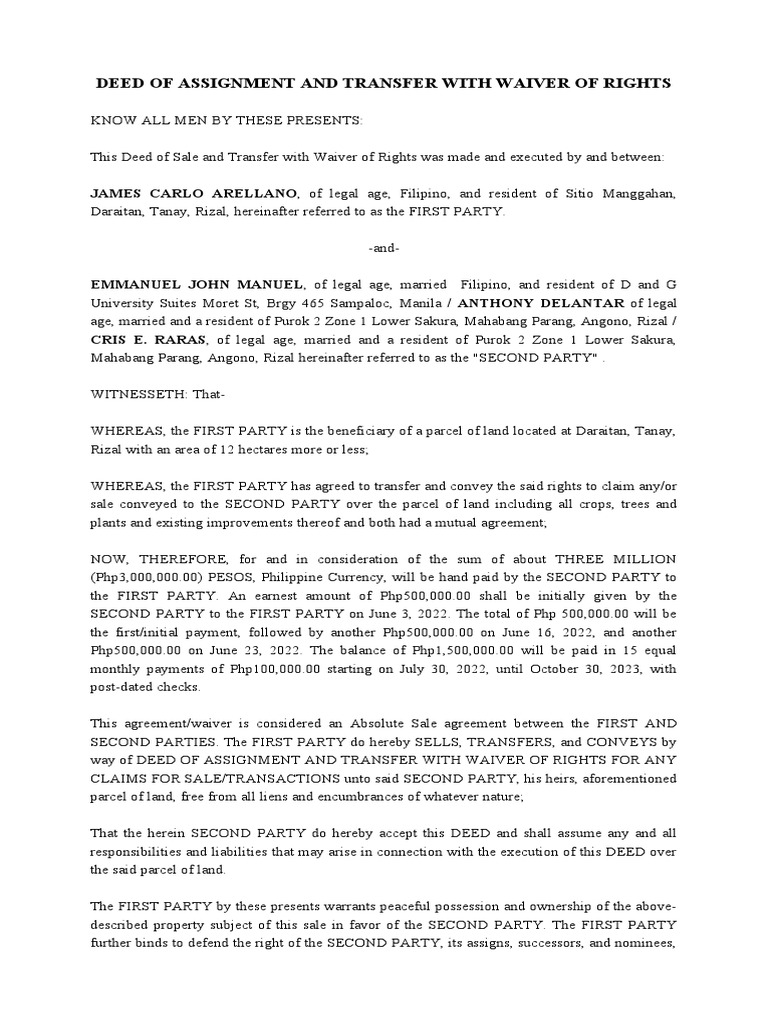 Deed of Assignment and Transfer With Waiver of Rights | PDF | Deed ...
