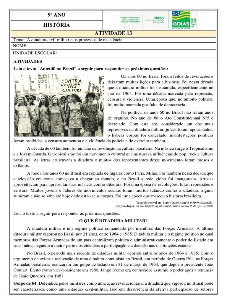 Atividade 13 9o Ano HIS A Ditadura Civil Militar e Os Processos de ...