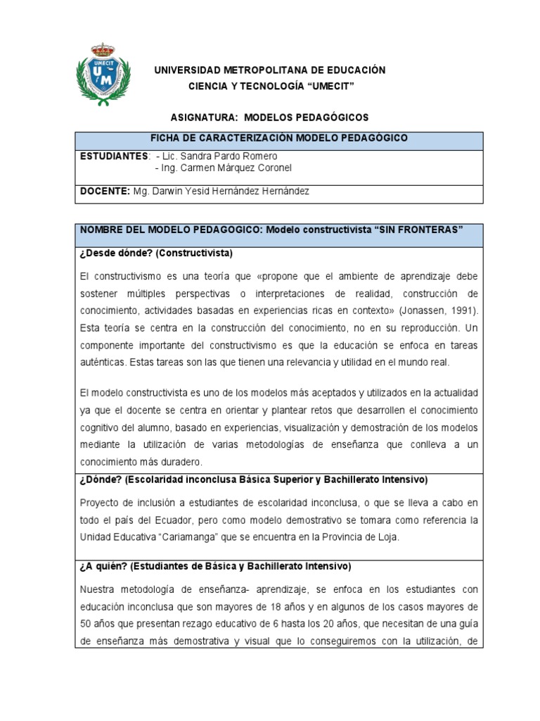 Ficha de Caracterizacion Del Modelo Pedagogico | PDF | Método de ...
